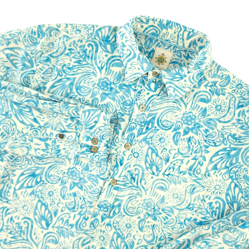 The Territory Ahead Shirt Mens L Blue Floral Long Sleeve Pop Over Rayon Casual